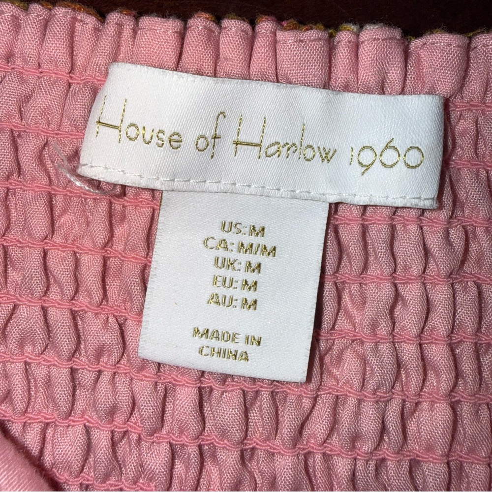 House of Harlow Bow Tie Front Linen Blend Tiered Maxi Dress in Mustard-Pink sz M - Picture 9 of 10